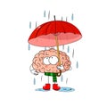 Cute illustration of human brain whith ambrella under the autumn rain. Beautiful character for concept of human emotions.